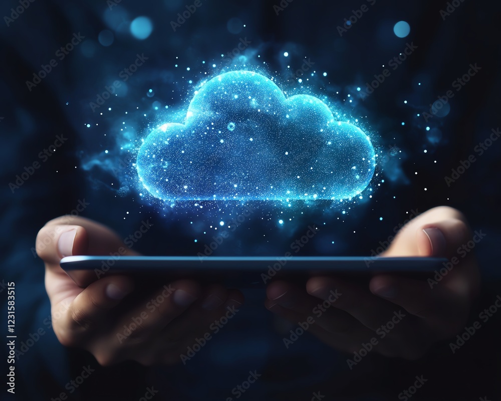 Poster hands holding a tablet with a holographic cloud symbol above, illustrating cloud storage solutions a