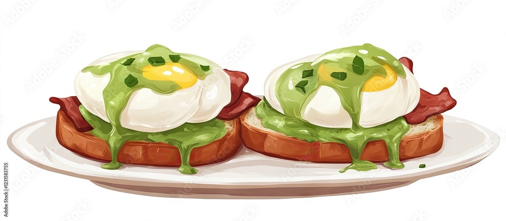 Aufkleber green eggs benedict with poached eggs and crispy bacon on toasted bread situated on a white plate fe