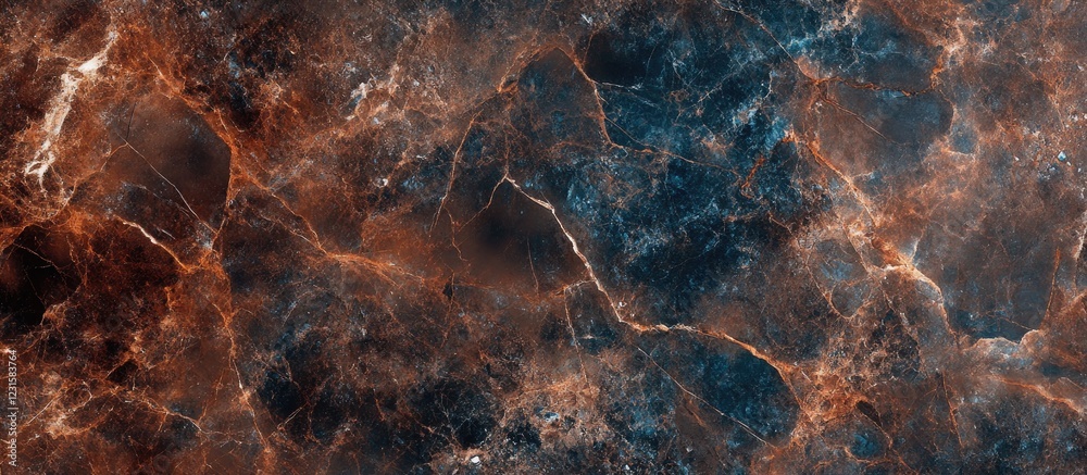 Poster Abstract cosmic texture with dark blue and orange hues intermingling, showcasing intricate patterns and luminous veins throughout the image.