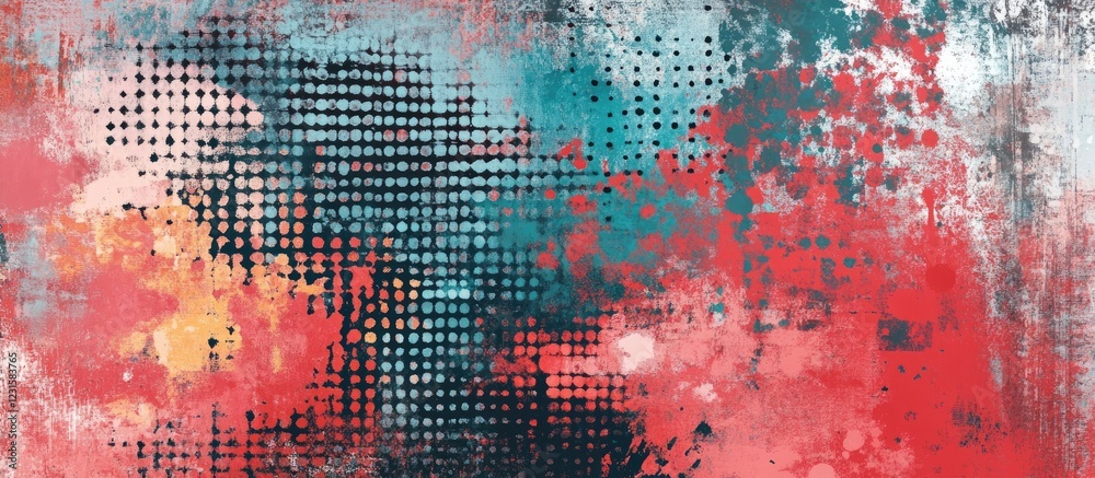 Poster Vibrant mixed media abstract artwork with halftone patterns in red, teal, and black hues showcasing dynamic textures and visual depth.