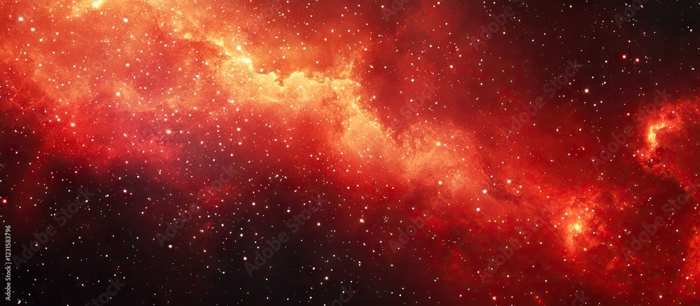 Poster Vibrant cosmic red background with radiant stardust and luminous light rays creating an enchanting, celestial atmosphere filled with mystery.