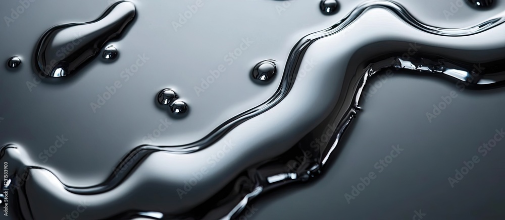 Fototapete Glossy black liquid surface with smooth undulating waves and small droplets reflecting light, creating a dynamic and elegant texture.