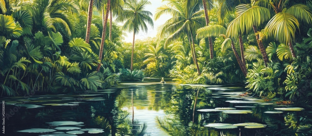 Poster Luxurious palm trees line a serene waterway reflecting lush green foliage under soft sunlight creating a tranquil and inviting atmosphere for relaxation