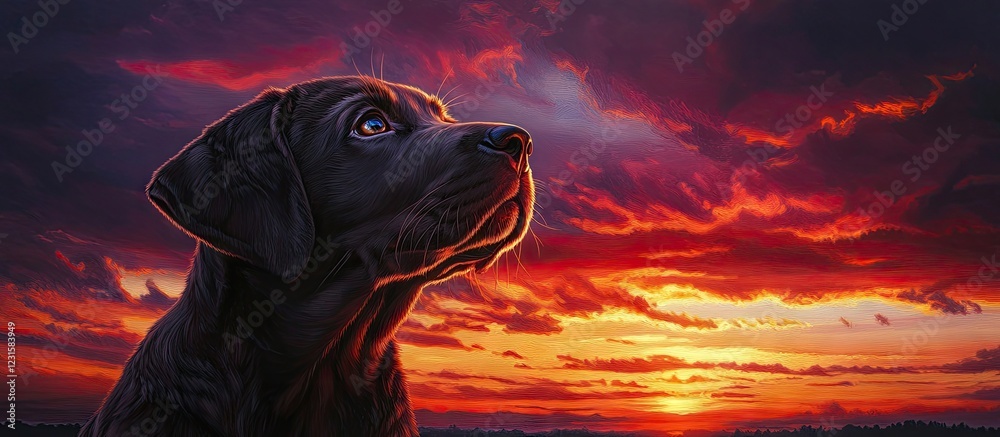 Poster lab puppy gazing at a vibrant sunset sky with deep oranges and purples, positioned on the left side 