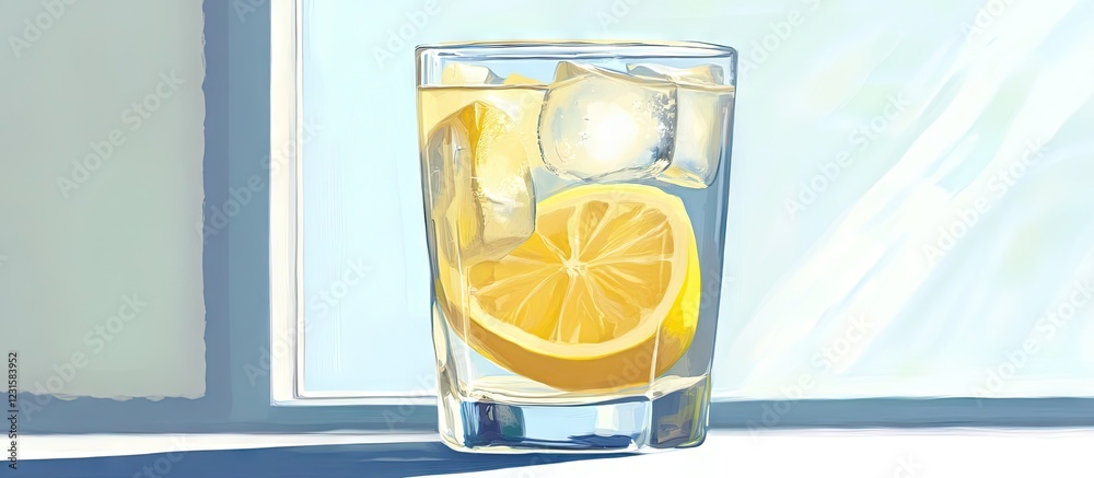 Poster refreshing glass of lemon water with ice sits on a bright surface sunlight shines through highlighti