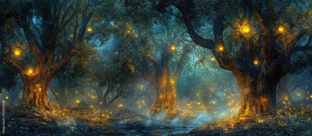 Aufkleber enchanting misty forest at night with glowing trees casting warm yellow light amidst cool blue mist 