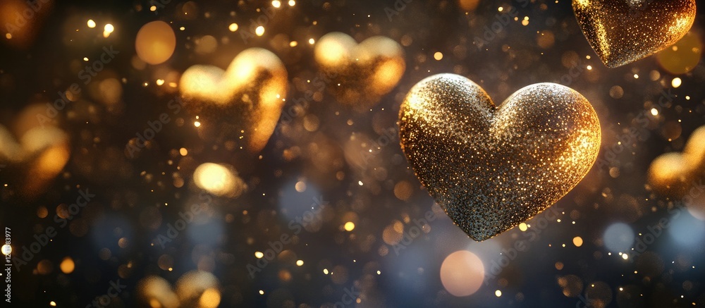 Fototapete golden shimmering hearts and spheres float amidst ethereal golden dust particles, creating a magical
