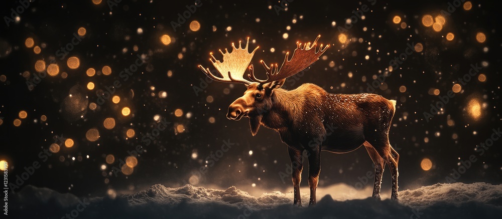 Poster whimsical festive moose themed as rudolph stands against a dark background with golden bokeh, showca