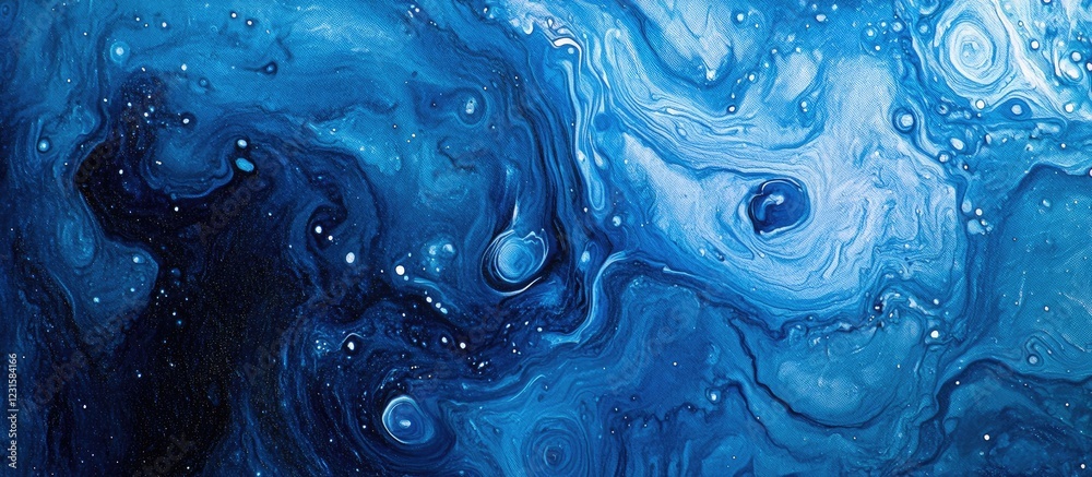 Poster Abstract blue and white marbled texture with swirling patterns and dark accents, evoking a sense of depth and fluidity in cosmic design.