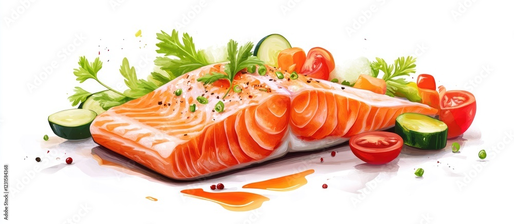 Poster fresh salmon fillet with vibrant cherry tomatoes and cucumber slices on a white background garnished