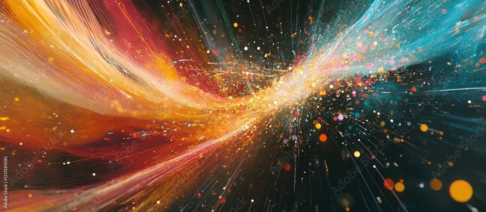 Poster Dynamic abstract data network visualization with vibrant orange, blue, and gold colors swirling together, creating energetic connections and digital flow.