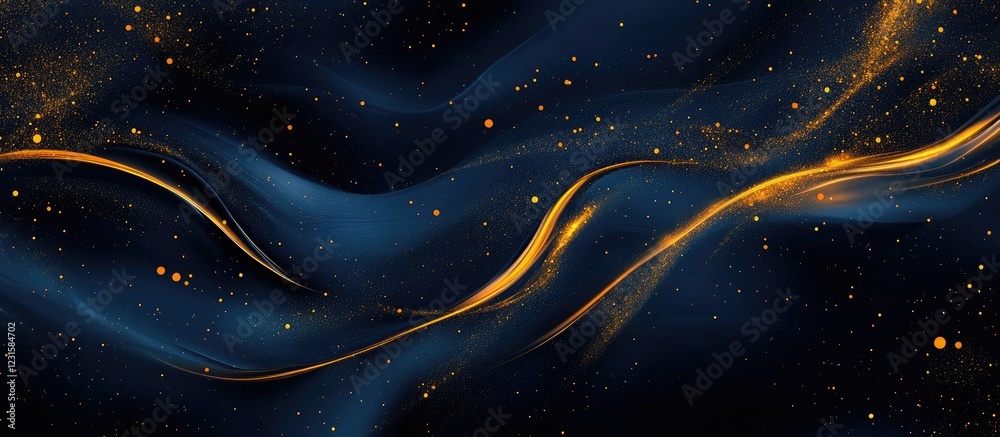 Poster Dark blue abstract background with flowing golden and yellow lines creating a dynamic visual composition, evoking elegance and depth in design.