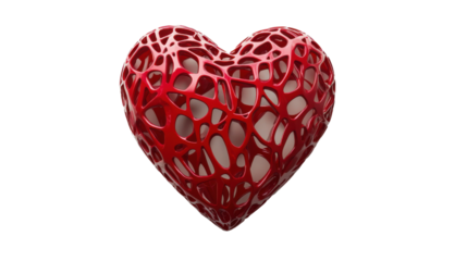 Red heart showing love and transparency with intricate mesh design on transparent background