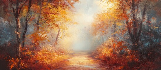Autumn forest landscape with vibrant orange and yellow foliage, fog, and soft sunlight illuminating a serene pathway in the distance