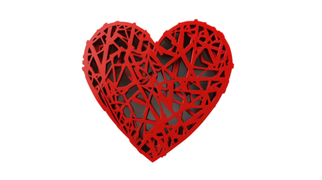 Red heart with intertwined lines creating a romantic symbol on a transparent background