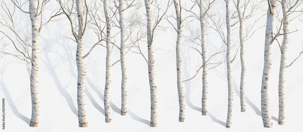 Aufkleber White leafless tree trunks arranged vertically on a bright white background creating a stunning contrast with soft shadows highlighting details.
