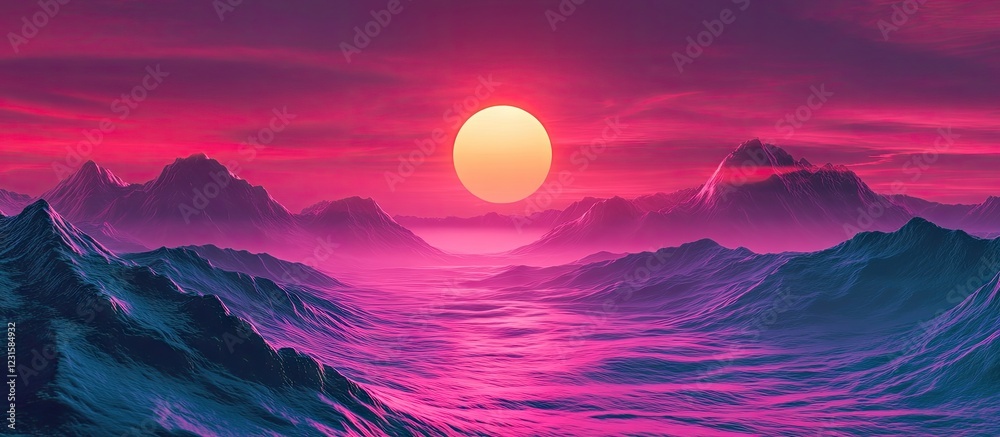 Aufkleber vibrant synthwave sunset over chrome waves with pink and purple gradients creating an immersive retr