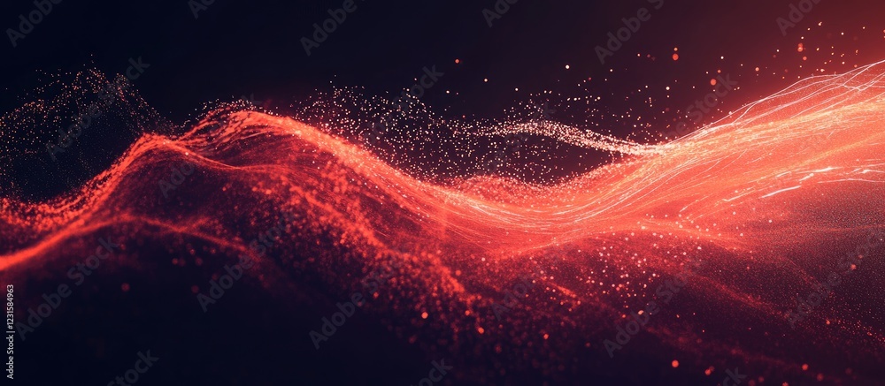 Poster Dynamic swirling waves of red and orange hues against a dark background, creating an energetic, abstract design with soft particles floating.