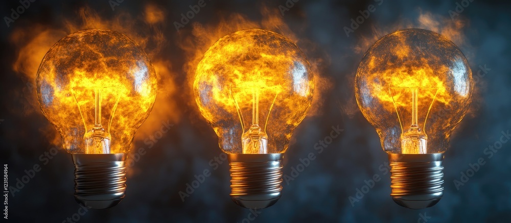 Leinwandbilder illuminated incandescent light bulbs with fiery orange flames inside on a dark textured background e