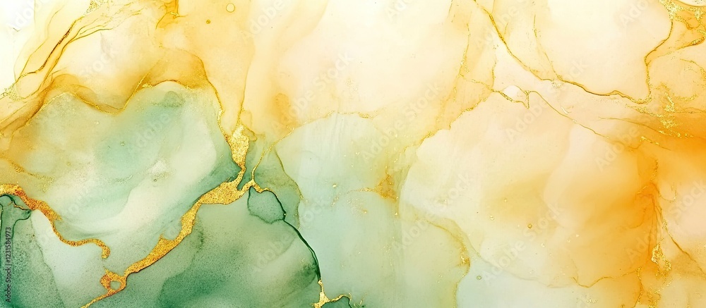 Aufkleber Abstract fluid art background displaying marbled textures in soft tones of gold, green, and gentle peach arranged fluidly throughout the composition.