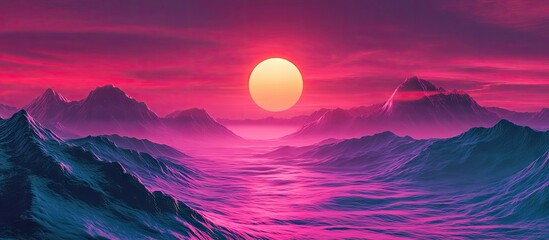 Vibrant synthwave sunset over chrome waves with pink and purple gradients creating an immersive retro-futuristic landscape design.
