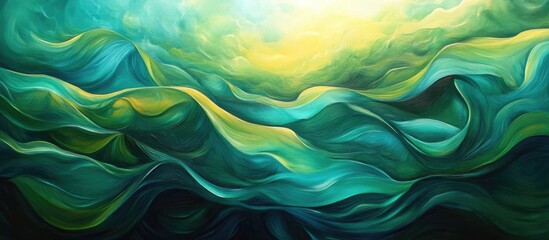 Obraz premium Dynamic abstract oil painting with flowing green and blue waves, emphasizing fluidity and depth under a soft yellow light backdrop.