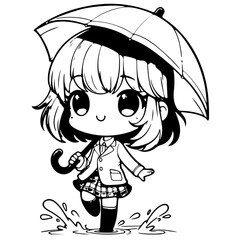cute girl under umbrella for coloring books