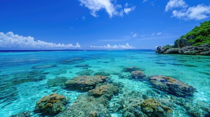 Fototapeta premium Clear blue waters with Sekisei Lagoon coral,