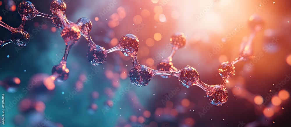 Poster colorful abstract representation of molecular structures with red, blue, and orange hues, featuring 