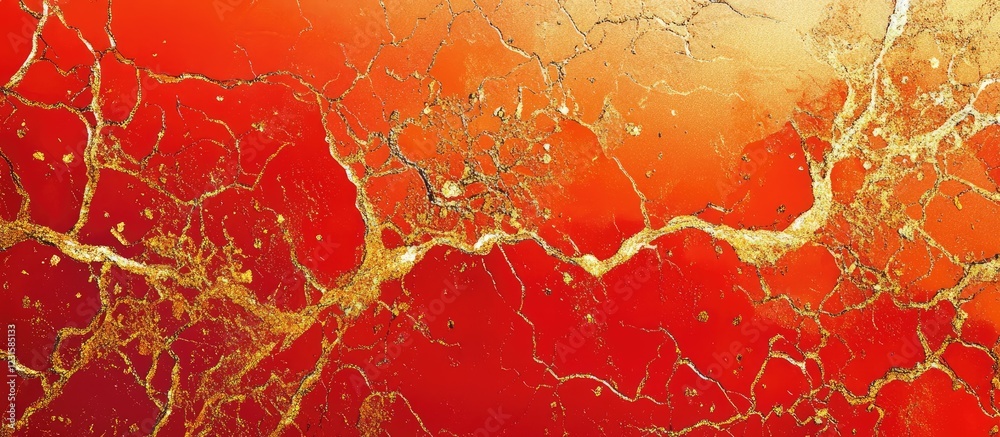 Fototapete vibrant abstract texture in shades of orange and red with gold splashes and cracks creating a dynami