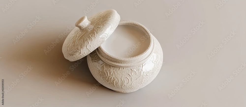 Leinwandbilder Ceramic cream jar with lid in top view displaying intricate texture and design in soft beige color against a light background for product showcasing