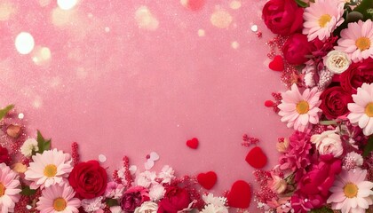 Valentine's Day and wedding pink background frame with heart and flower arrangement: love. For message cards, banners and thumbnails.