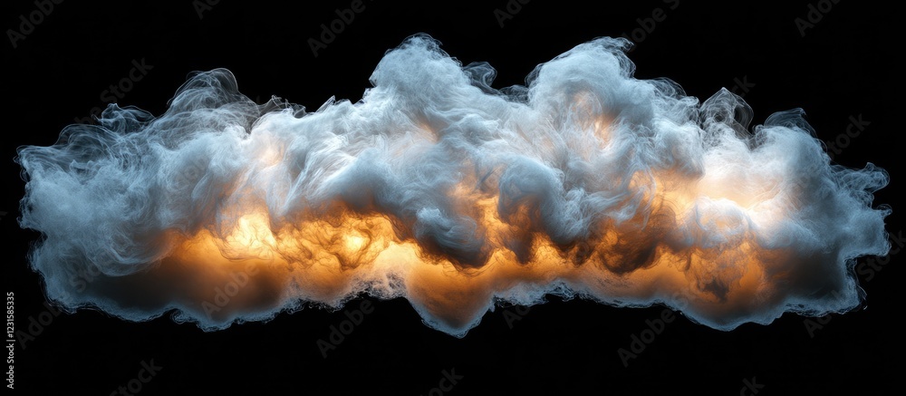 Poster Dynamic swirling smoke in shades of white and gray with warm orange highlights on a black background creates an intriguing visual appeal.