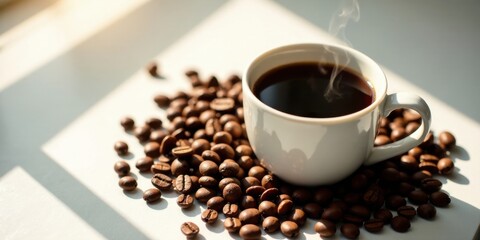 Naklejka premium Aromatic Coffee Brew in a White Mug, Surrounded by Roasted Coffee Beans, Illuminated by Sunlight