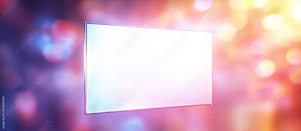 Poster Blank illuminated frame with soft pink and blue bokeh background, centered in the image, creating a dreamy ambiance suitable for various displays.