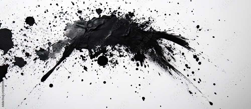Poster black ink splashes on a white background create a dramatic contrast with sharp edges and fluid forms