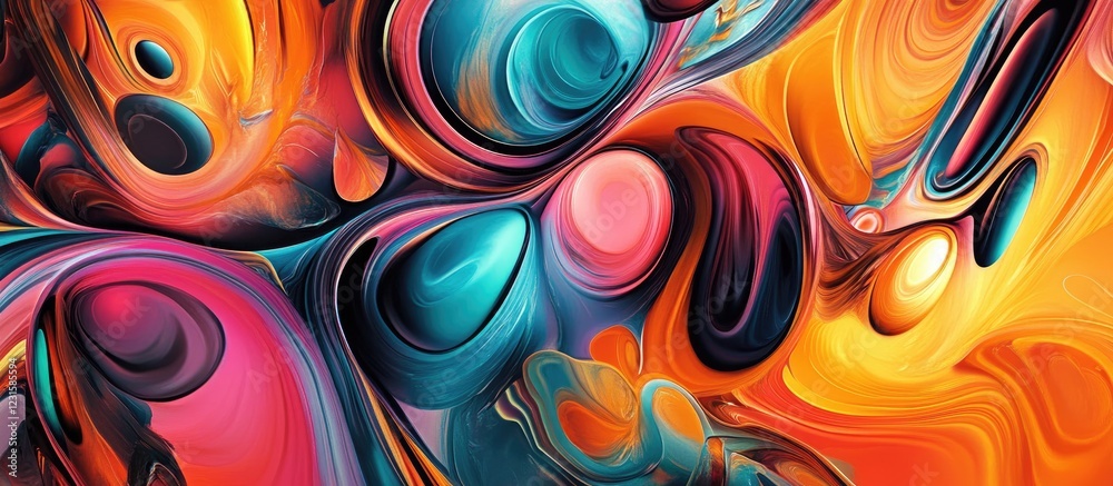 Aufkleber Multicolored abstract background featuring swirling shapes in vibrant blues, pinks, oranges, and reds with dynamic lines creating visual depth.