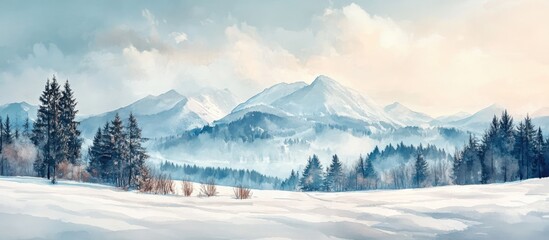 Obraz premium Tranquil watercolor landscape featuring soft blue mountains and pristine white snow under a pale sky, evoking peace and serenity.