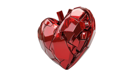 Broken red metallic heart representing lost love on transparent background