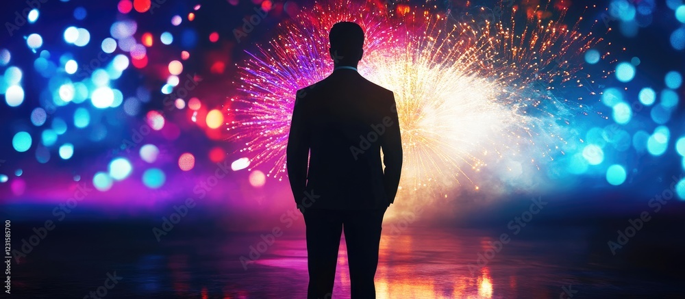 Poster Silhouette of a businessman in formal attire standing against a vibrant, multicolored fireworks display with blurred bokeh effects in the background.