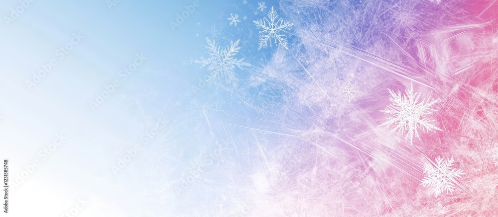 Fototapete abstract winter background with gradient blue to pink hues featuring delicate snowflakes in the uppe