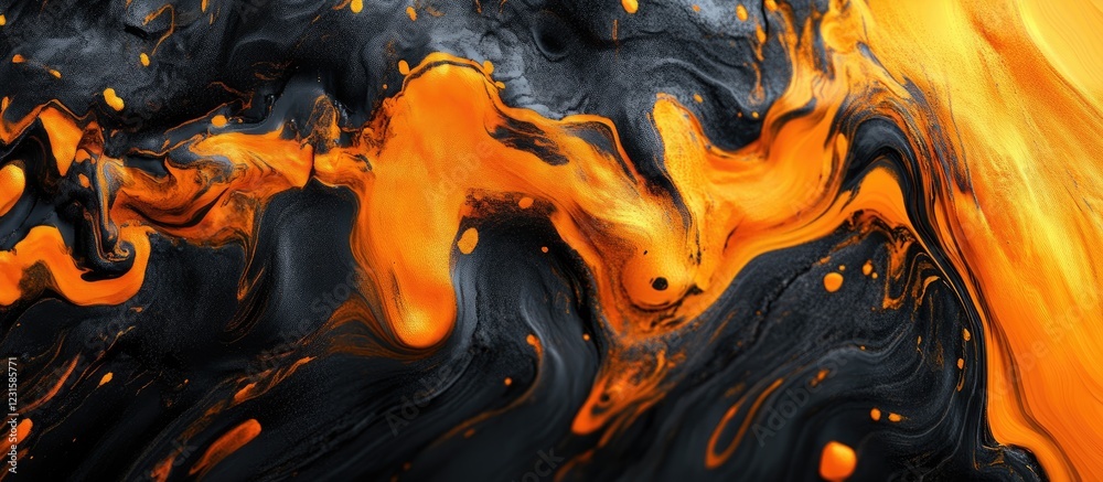 Fototapete abstract fluid art featuring vibrant gold and orange swirls against a dark black background with int
