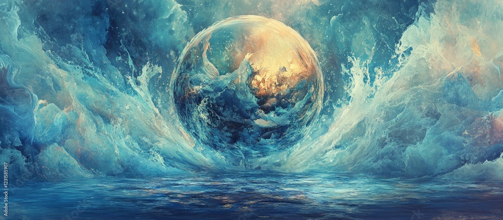 Poster Surreal ocean wave with a luminous sphere reflecting light, blue and gold tones, creating an ethereal atmosphere of transformation and wisdom.