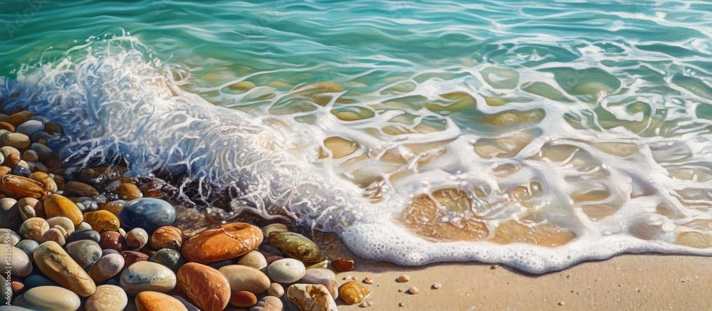 Aufkleber serene tropical pebble beach with smooth colored stones in foreground, gentle waves lapping at shore