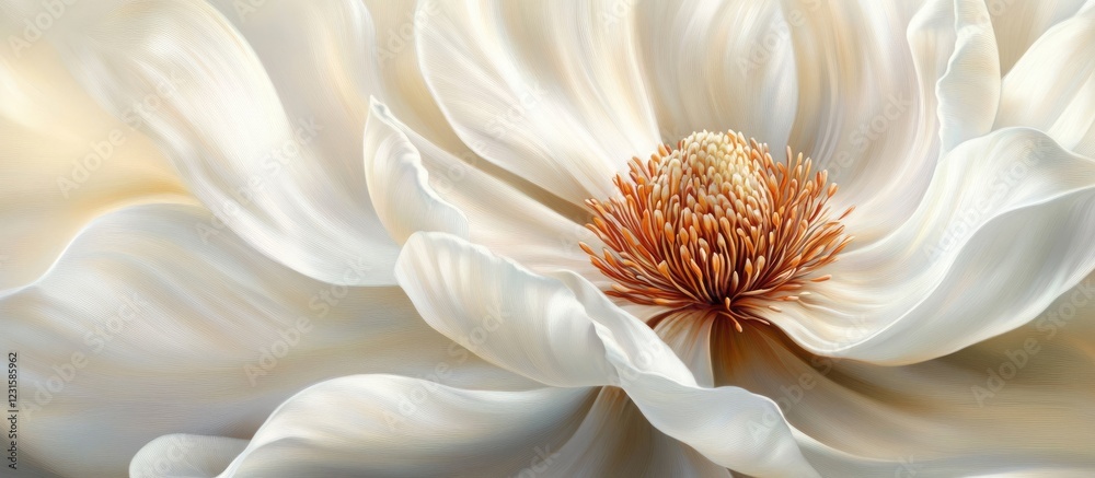 Aufkleber close-up of a delicate white flower with intricate soft petals and a vibrant golden center, illumina