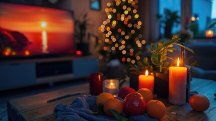 Dark indoor scene concept with candles clementine flower and fairy lights in front of the TV