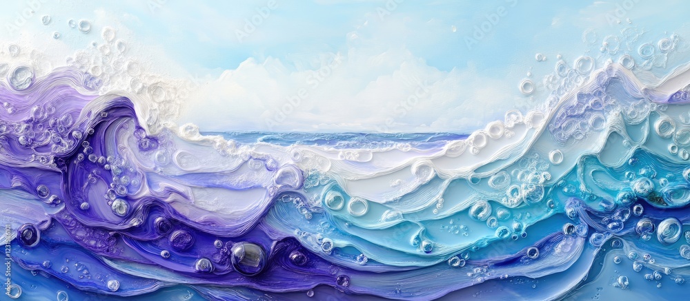 Poster Enchanting blend of vibrant blue, white, and violet sea waves with delicate bubbles, creating a serene coastal backdrop for tranquil imagery.