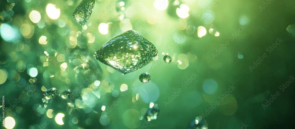 Aufkleber Sparkling green water drop background with blurred bubbles and glimmers creating a refreshing and natural ambiance perfect for visual themes
