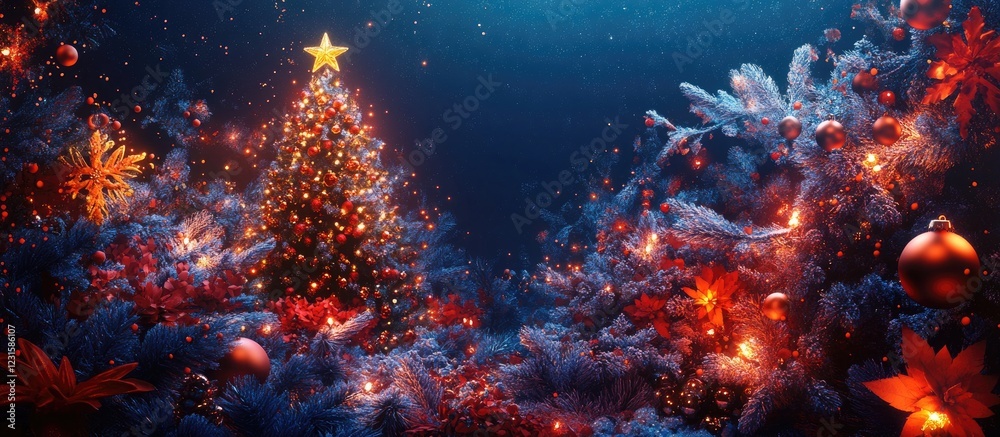 Poster a vibrant underwater christmas scene featuring a glowing tree with a star, surrounded by colorful co