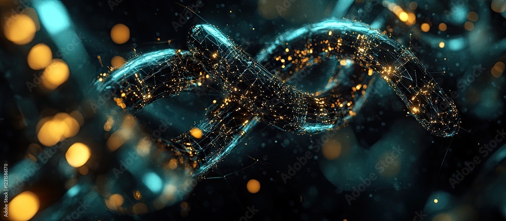 Poster Vibrant abstract blockchain network with glowing turquoise and gold connections swirling through a dark background, emphasizing intricate structure and depth